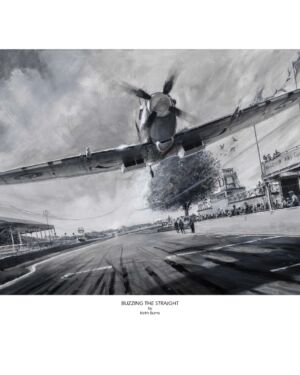 BUZZING THE STRAIGHT – Spitfire at Goodwood Art Prints by Keith Burns