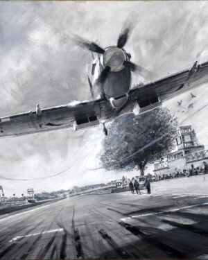BUZZING THE STRAIGHT – Spitfire at Goodwood Art Prints by Keith Burns