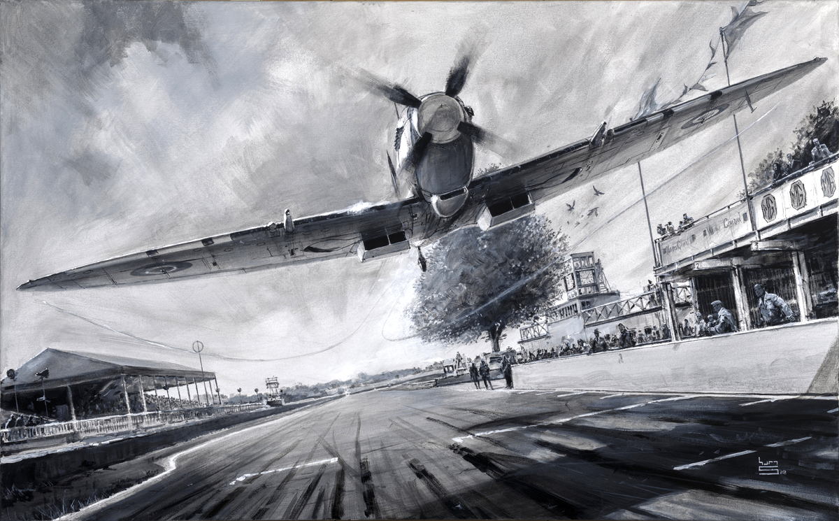 Artwork of a Spitfire flying over goodwood racecourse.