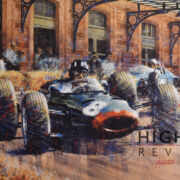 painting of Graham Hill at Monaco Grand Prix on 10th May 1964 driving a BRM P261, by Juan Carlos Ferrigno