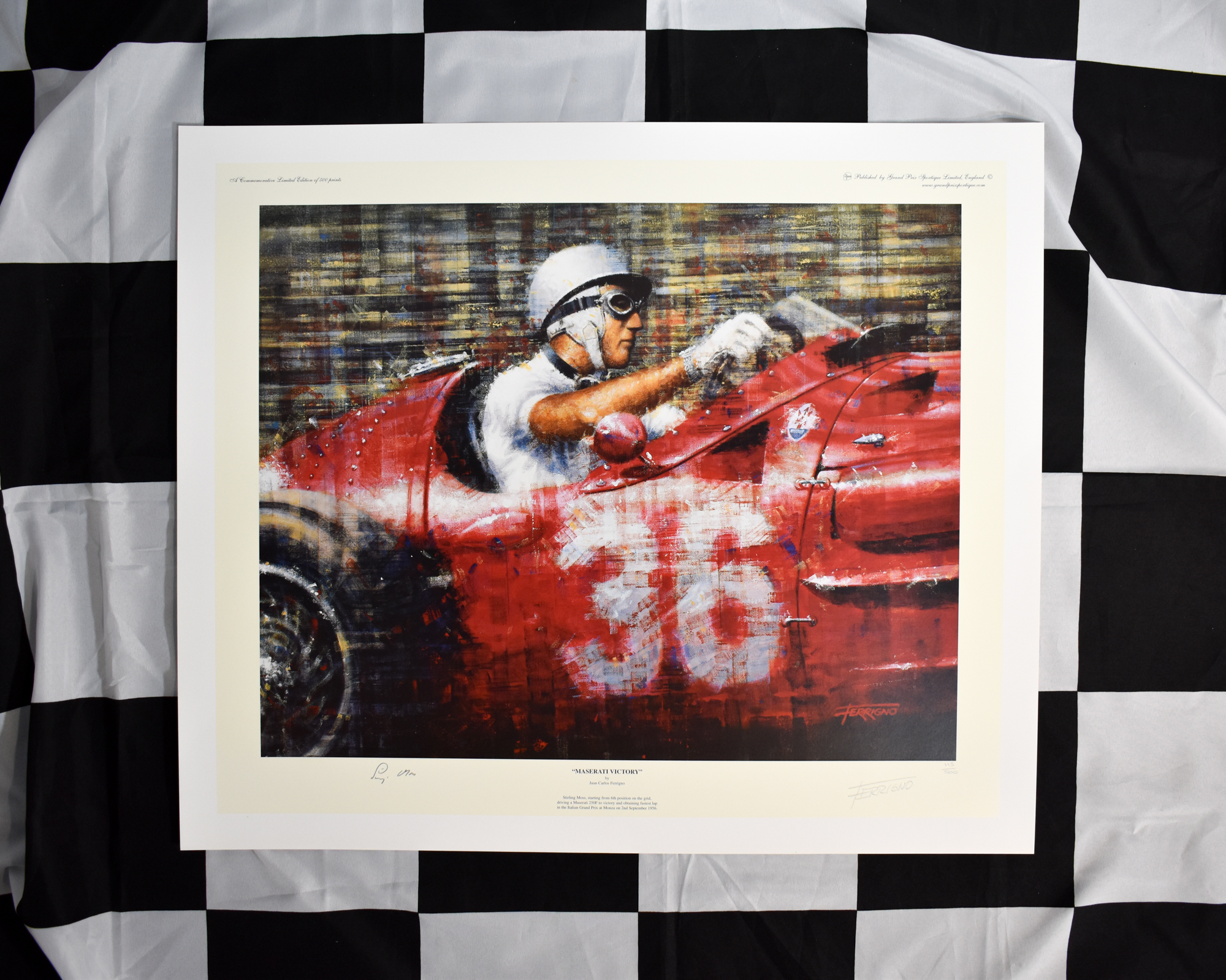 Limited Edition print of Stirling Moss driving a Maserati 250F to victory at the Italian Grand Prix at Monza 1956, by Juan Carlos Ferrigno