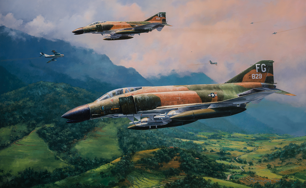 Phantom F-4s encounter a large group of North Vietnamese MiG-17s over the hills north of Hai Phong