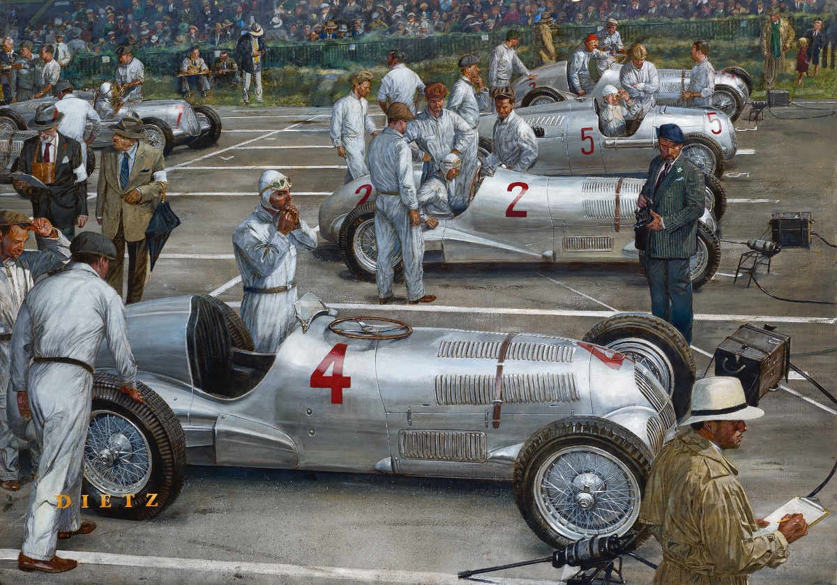 Mercedes Benz and Auto Union “Silver Arrows” line up at the starting grid of the Donnington 1937 British Grand Prix. Image by James Dietz.