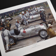 limited edition print of Mercedes Benz and Auto Union “Silver Arrows” line up at the starting grid of the Donnington 1937 British Grand Prix