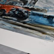 close up detail of limited edition paddy hopkirk print driving his mini cooper s at the monte carlo rally by keith burns