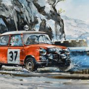 Paddy Hopkirk drives through the icy mountain pass at the monte carlo rally in his mini cooper S