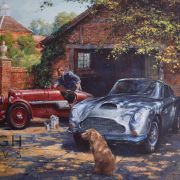 1934 Aston Martin Ulster 1500cc and a 1960 Aston Martin DB4 GT 3.7Ltr portrayed in an idyllic country house scene by leading automotive artist Alan Fearnley.