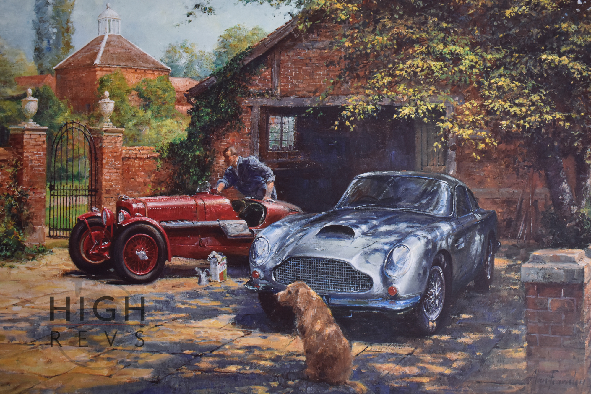 1934 Aston Martin Ulster 1500cc and a 1960 Aston Martin DB4 GT 3.7Ltr portrayed in an idyllic country house scene by leading automotive artist Alan Fearnley.