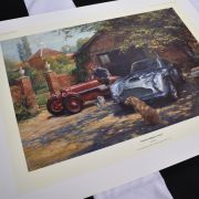 limited edition print of a 1934 Aston Martin Ulster 1500cc and a 1960 Aston Martin DB4 GT 3.7Ltr portrayed in an idyllic country house scene by leading automotive artist Alan Fearnley.