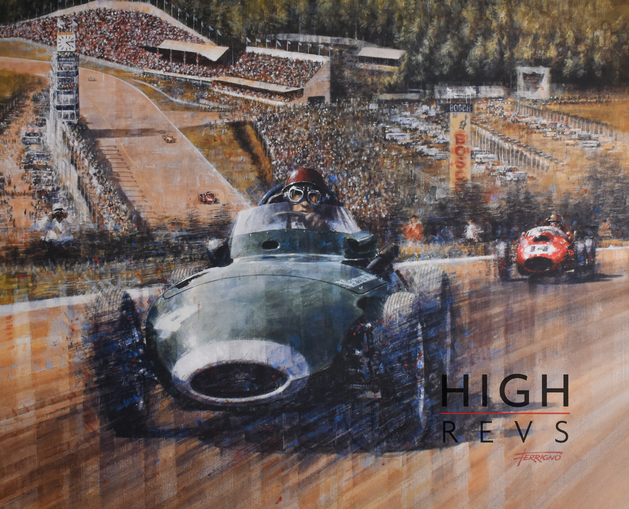 painting of Tony Brooks driving his Vanwall to win the 1958 Belgian Grand Prix, by Juan Carlos Ferrigno