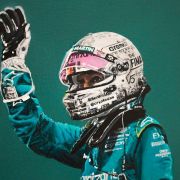 Original painting of Sebastian Vettel with his 2022 Aston Martin Formula 1 car, in the final race of his career, complete with his custom final lap helmet.