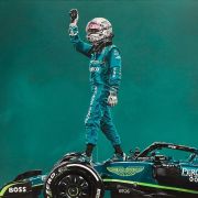 Own this spectacular painting featuring Sebastian Vettel with his 2022 Aston Martin Formula 1 car, in the final race of his career, complete with his custom final lap helmet.