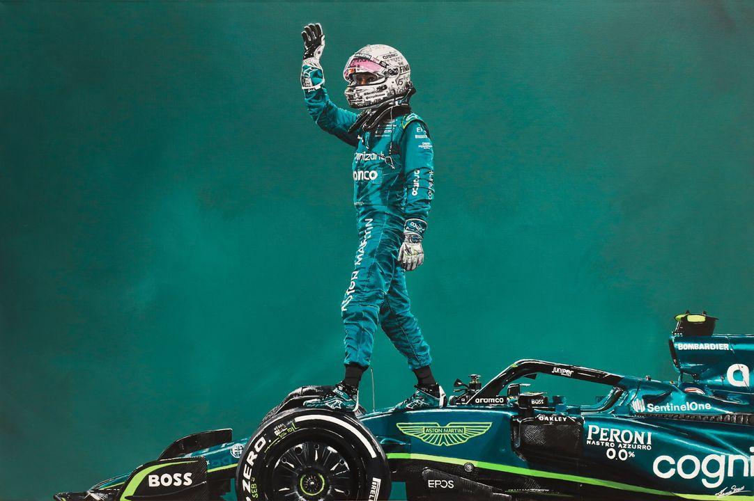 Own this spectacular painting featuring Sebastian Vettel with his 2022 Aston Martin Formula 1 car, in the final race of his career, complete with his custom final lap helmet.