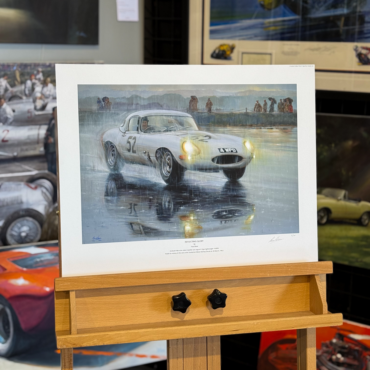 REFLECTING GLORY – Graham Hill Jaguar E-type Snetterton – Original Painting & Art Prints by Paul Dove